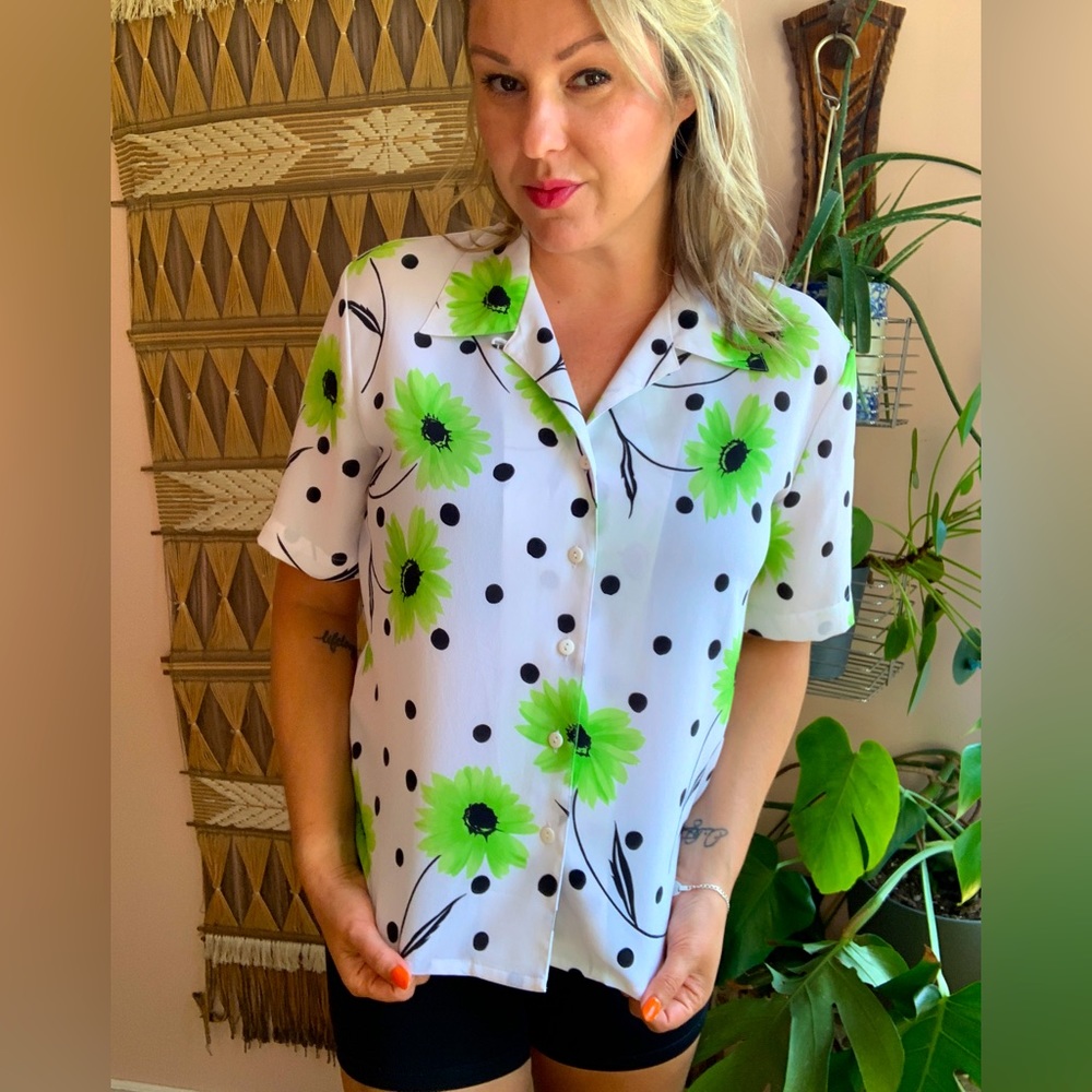 Vintage 1990's Lime Green Daisy Print Polka Dot 'Tanjay' Blouse